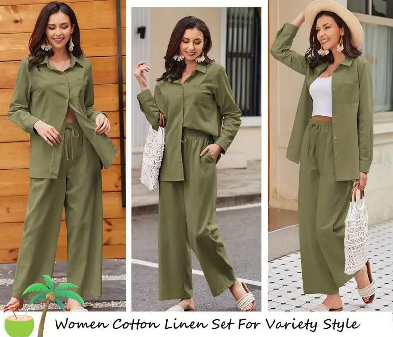 Women Cotton Co-Ord Set Two Piece Outfits Linen Shirt and Pants Set