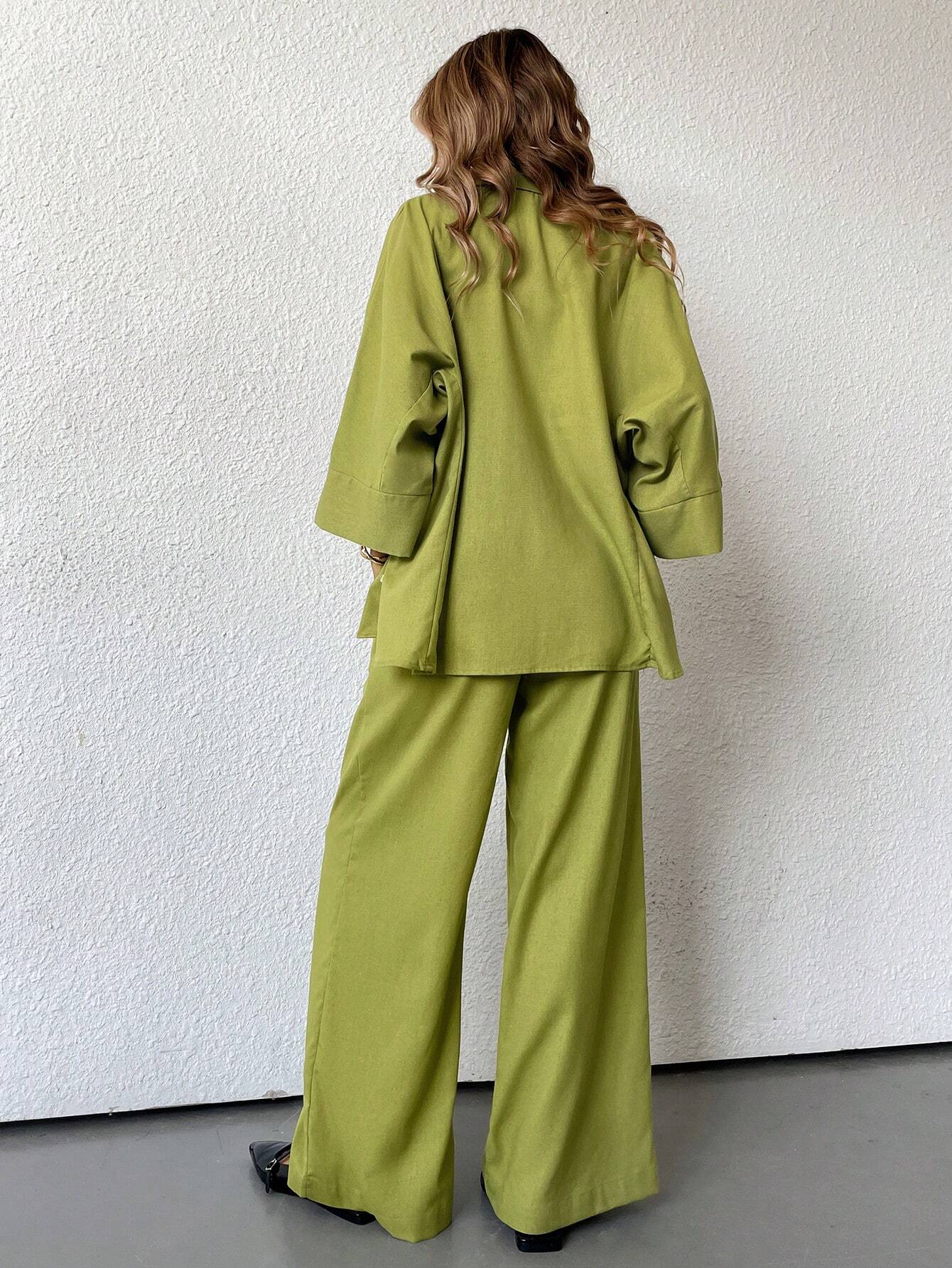 Women Blended Side Slit Loose Shirt & Wide Leg High Waist Pants Set