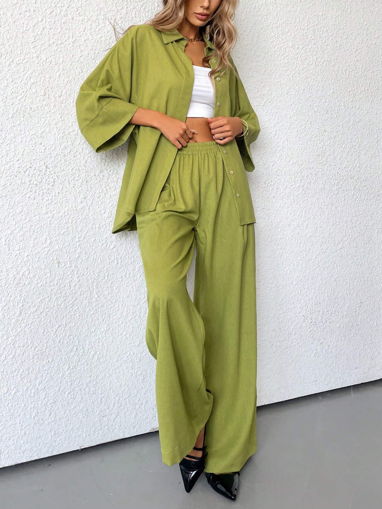 Women Blended Side Slit Loose Shirt & Wide Leg High Waist Pants Set