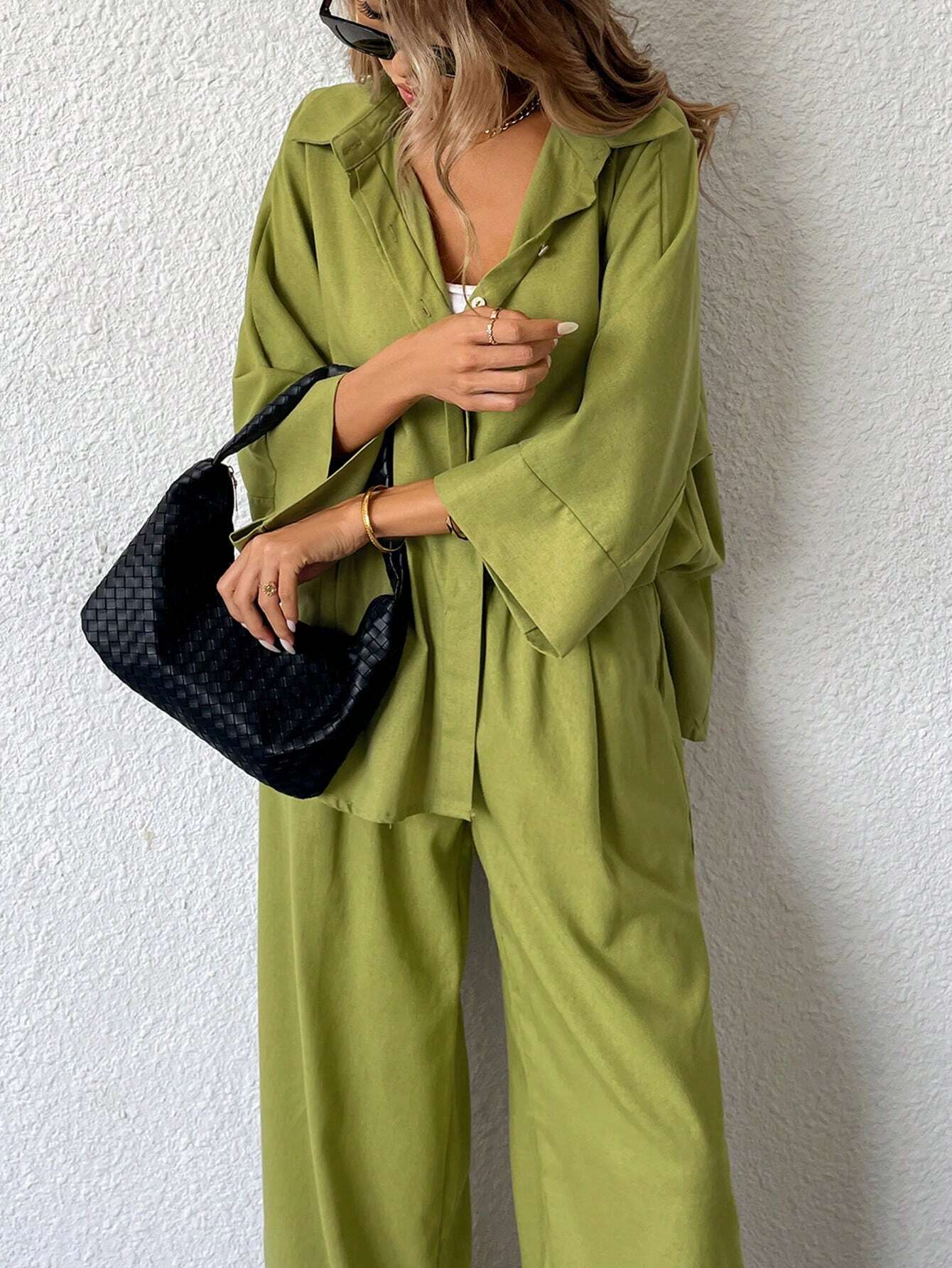 Women Blended Side Slit Loose Shirt & Wide Leg High Waist Pants Set