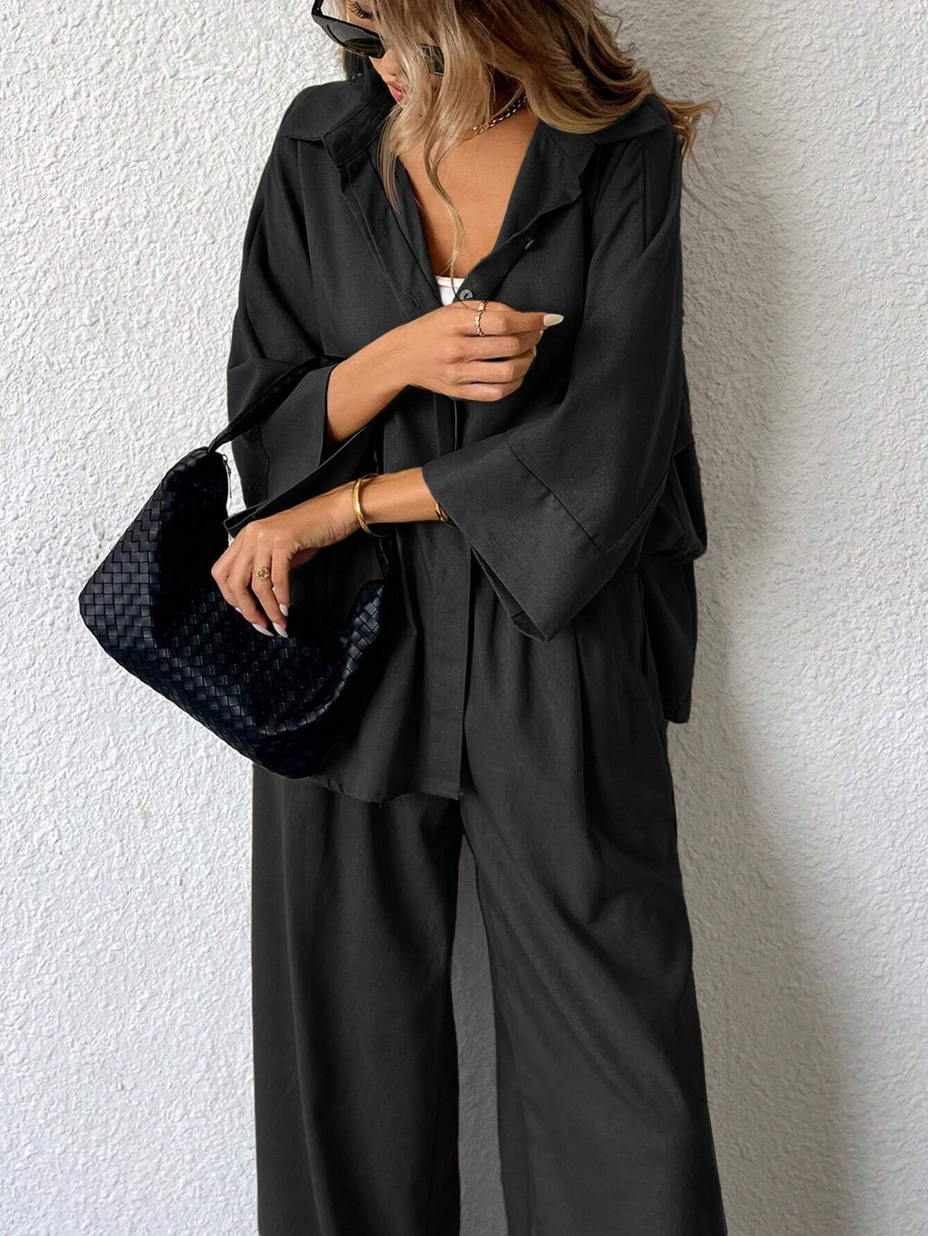 Women Blended Side Slit Loose Shirt & Wide Leg High Waist Pants Set