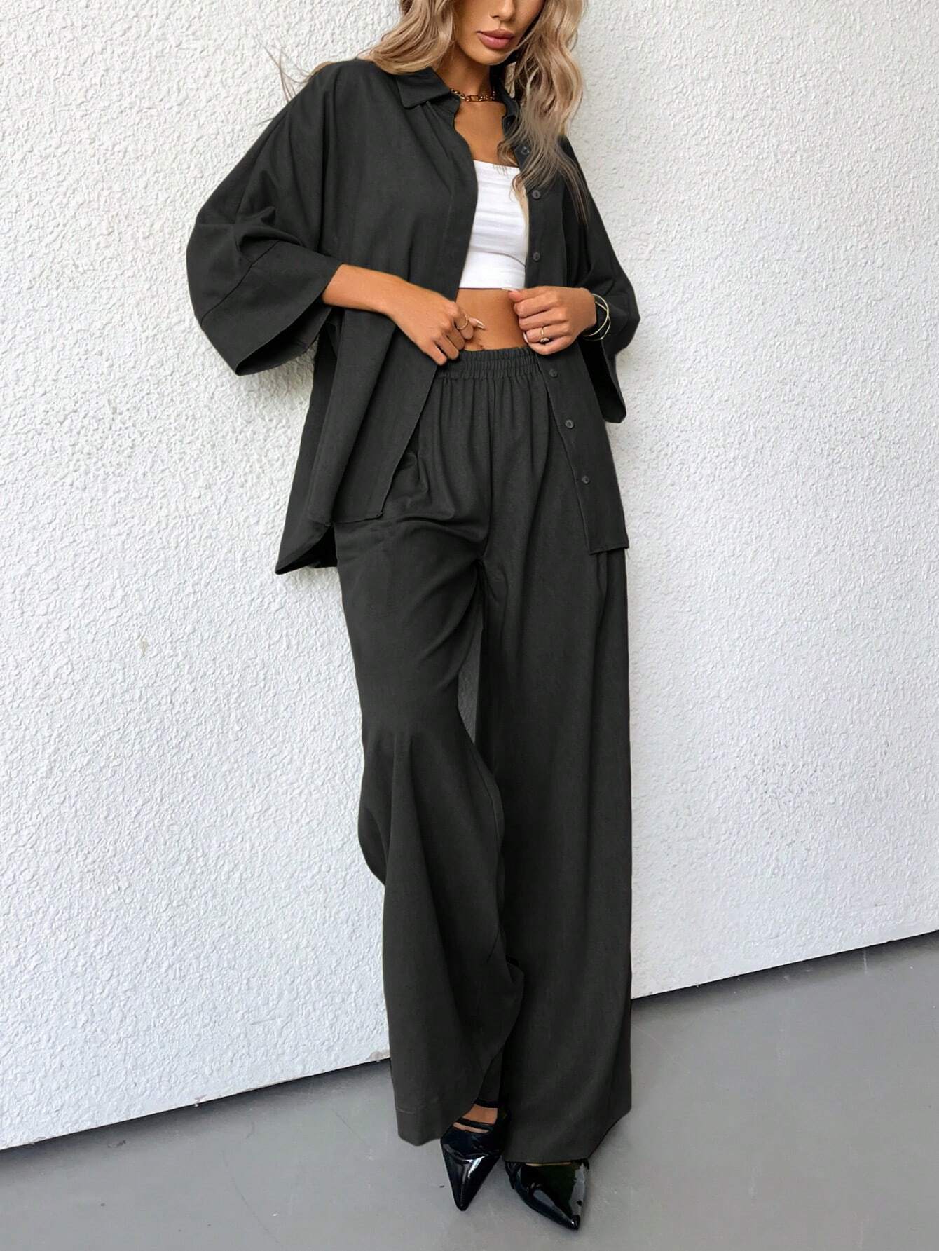 Women Blended Side Slit Loose Shirt & Wide Leg High Waist Pants Set