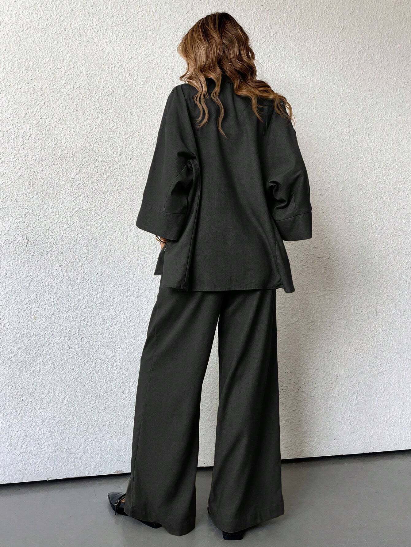 Women Blended Side Slit Loose Shirt & Wide Leg High Waist Pants Set