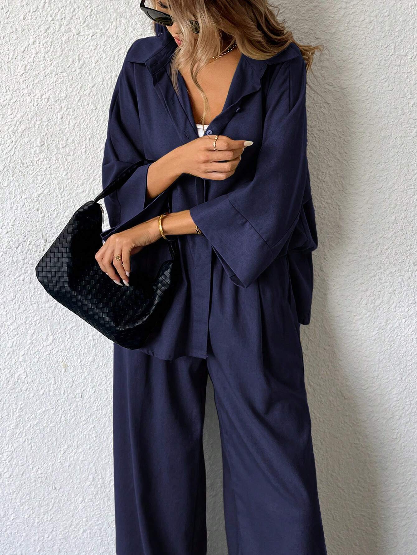 Women Blended Side Slit Loose Shirt & Wide Leg High Waist Pants Set