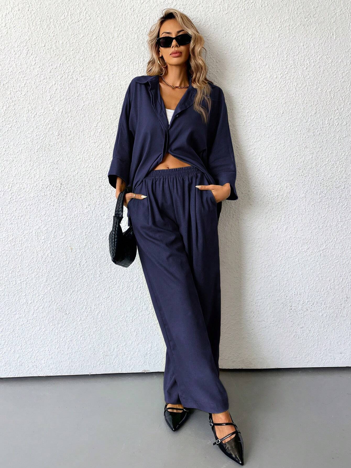 Women Blended Side Slit Loose Shirt & Wide Leg High Waist Pants Set