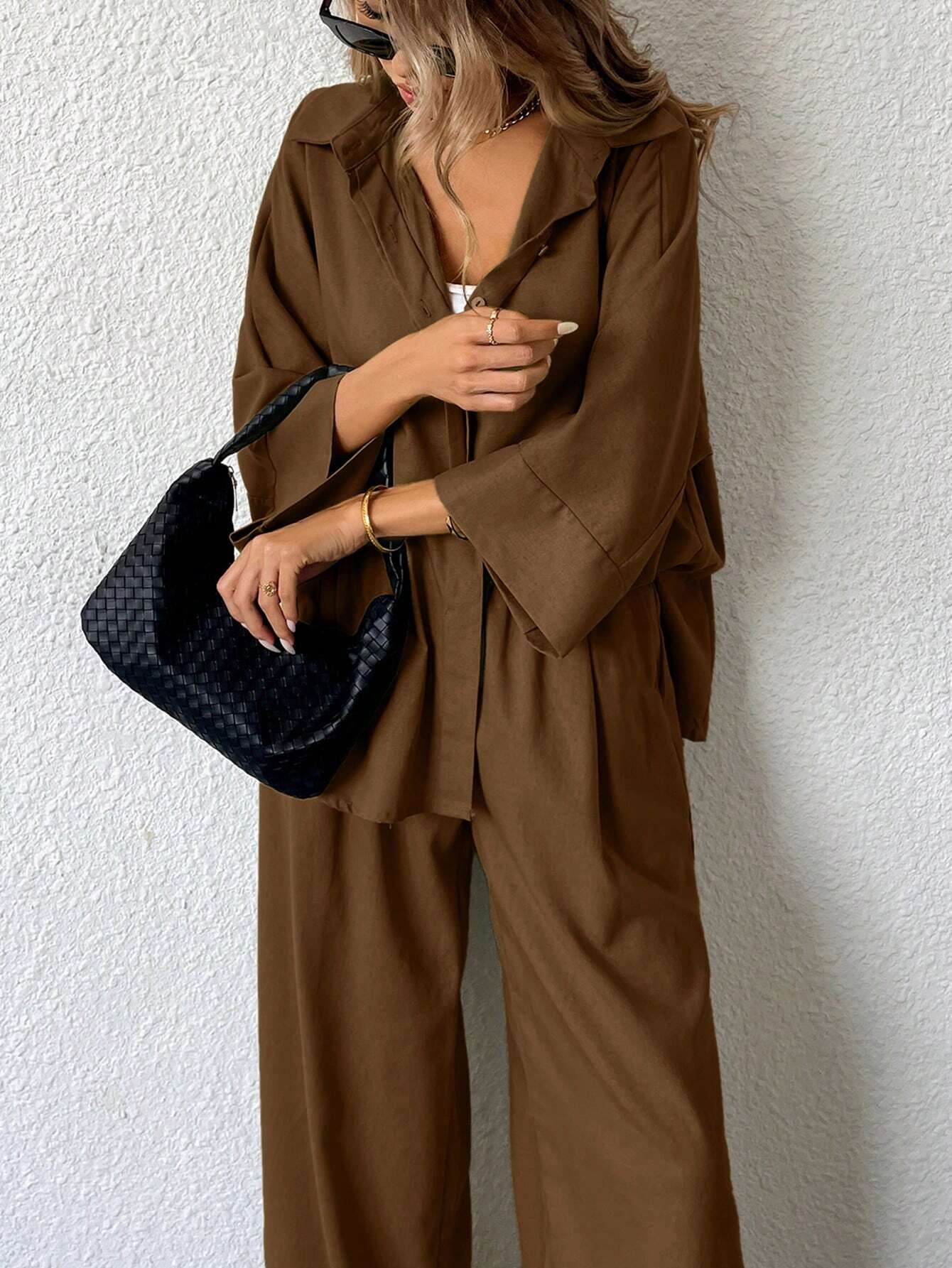Women Blended Side Slit Loose Shirt & Wide Leg High Waist Pants Set