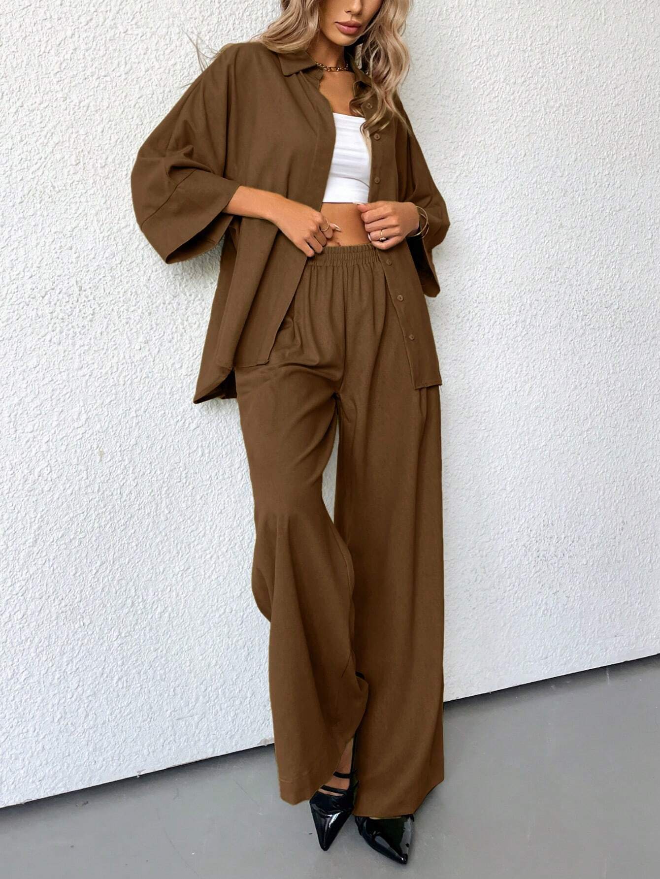 Women Blended Side Slit Loose Shirt & Wide Leg High Waist Pants Set