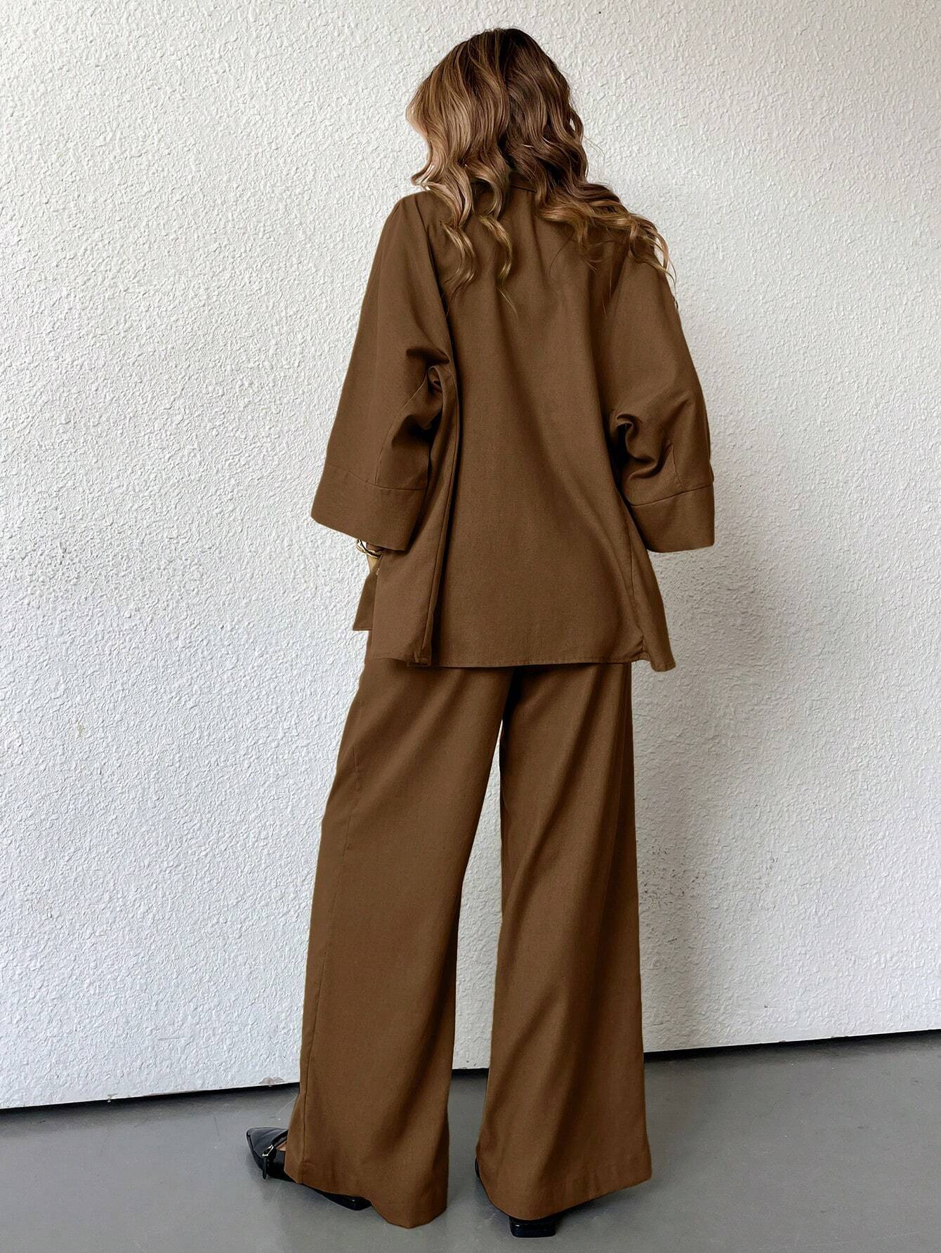 Women Blended Side Slit Loose Shirt & Wide Leg High Waist Pants Set