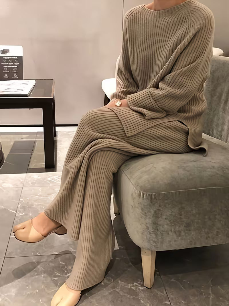 Round Neck Casual Slit Knitted Two-Piece Set