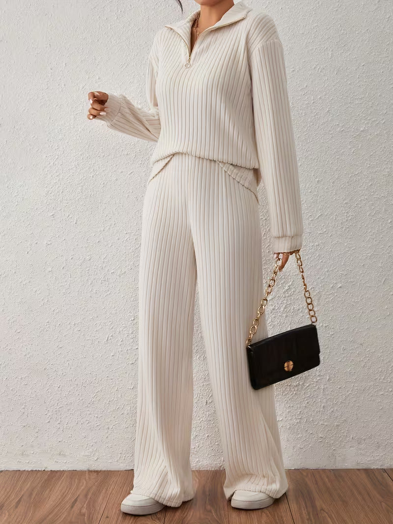 Half-Zip Casual Slit Knitted Two-Piece Set