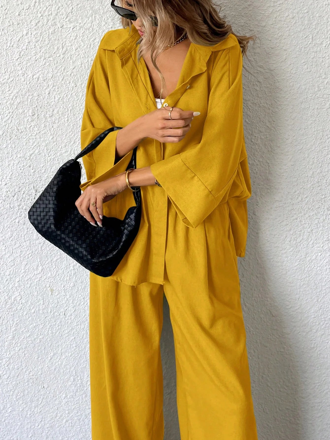 Women Blended Side Slit Loose Shirt & Wide Leg High Waist Pants Set