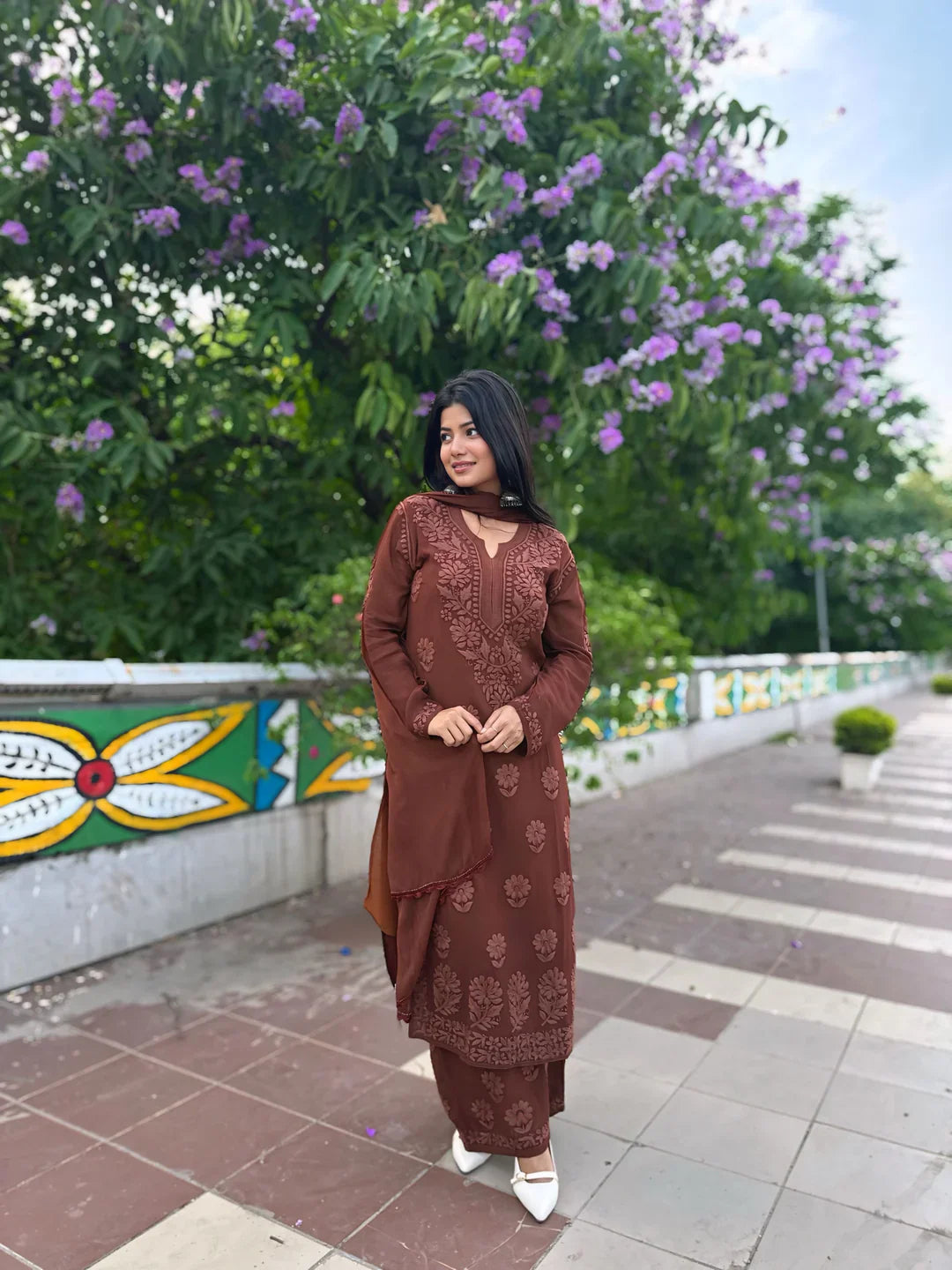 Elegant Brown Floral Embroidered Kurta Pant Set with Dupatta
