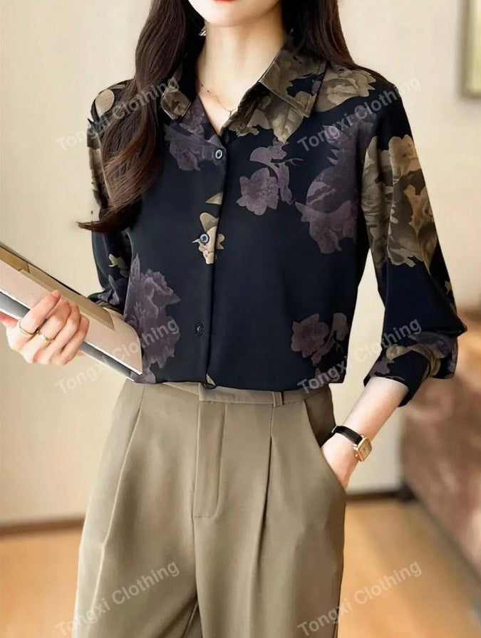 Women Floral Print Casual Long Sleeve Shirt