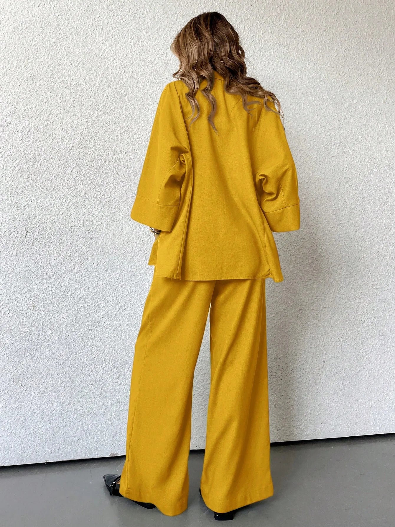 Women Blended Side Slit Loose Shirt & Wide Leg High Waist Pants Set