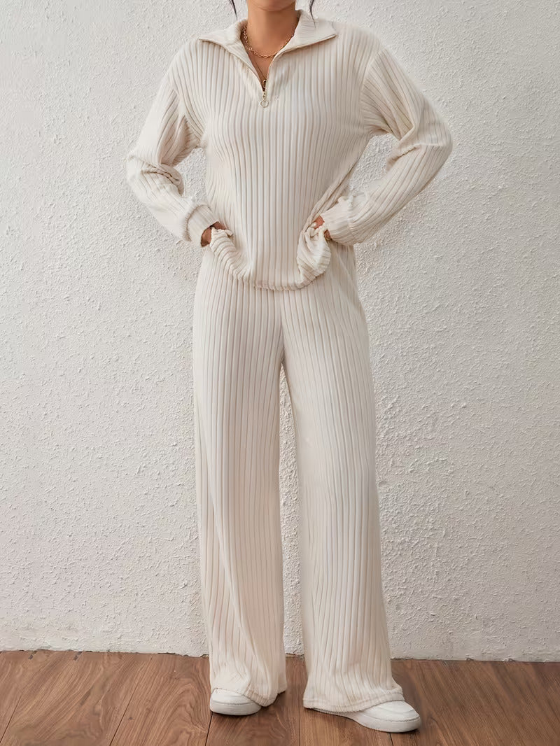 Half-Zip Casual Slit Knitted Two-Piece Set