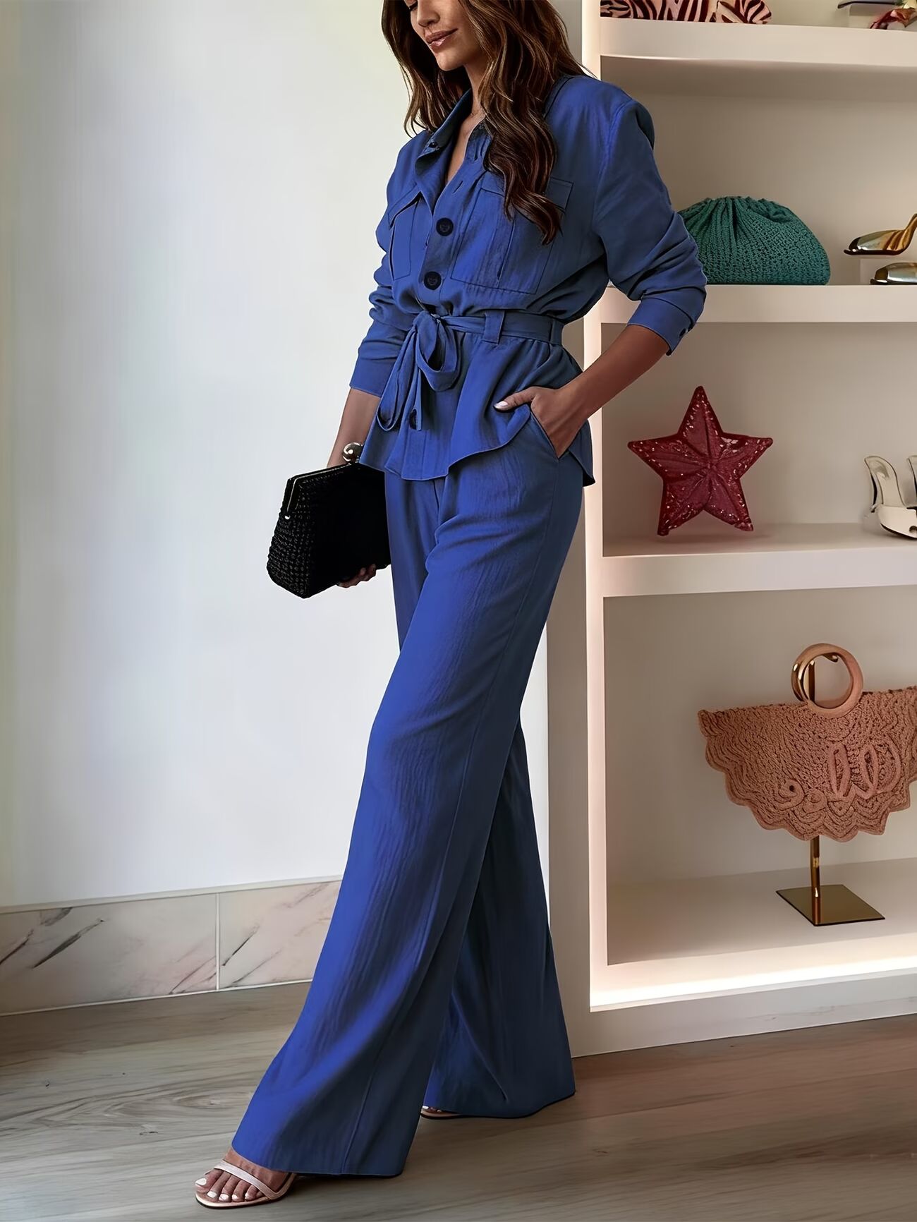 Casual Two-Piece Set Long Sleeve Shirt and Wide-Leg Pants