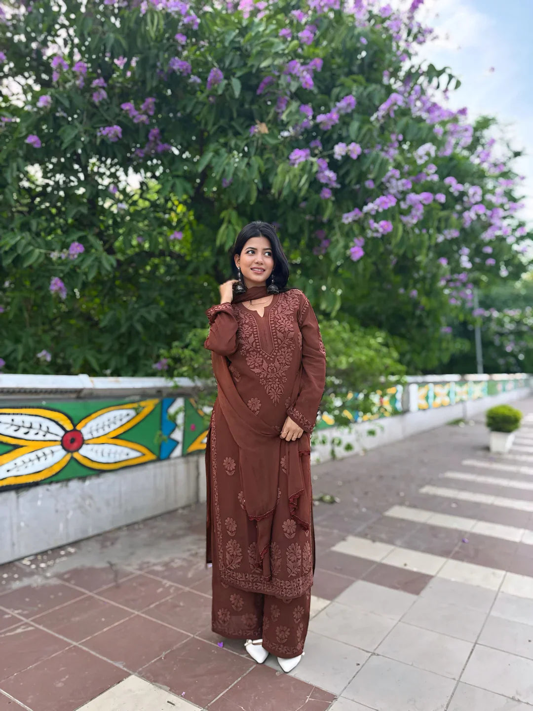 Elegant Brown Floral Embroidered Kurta Pant Set with Dupatta