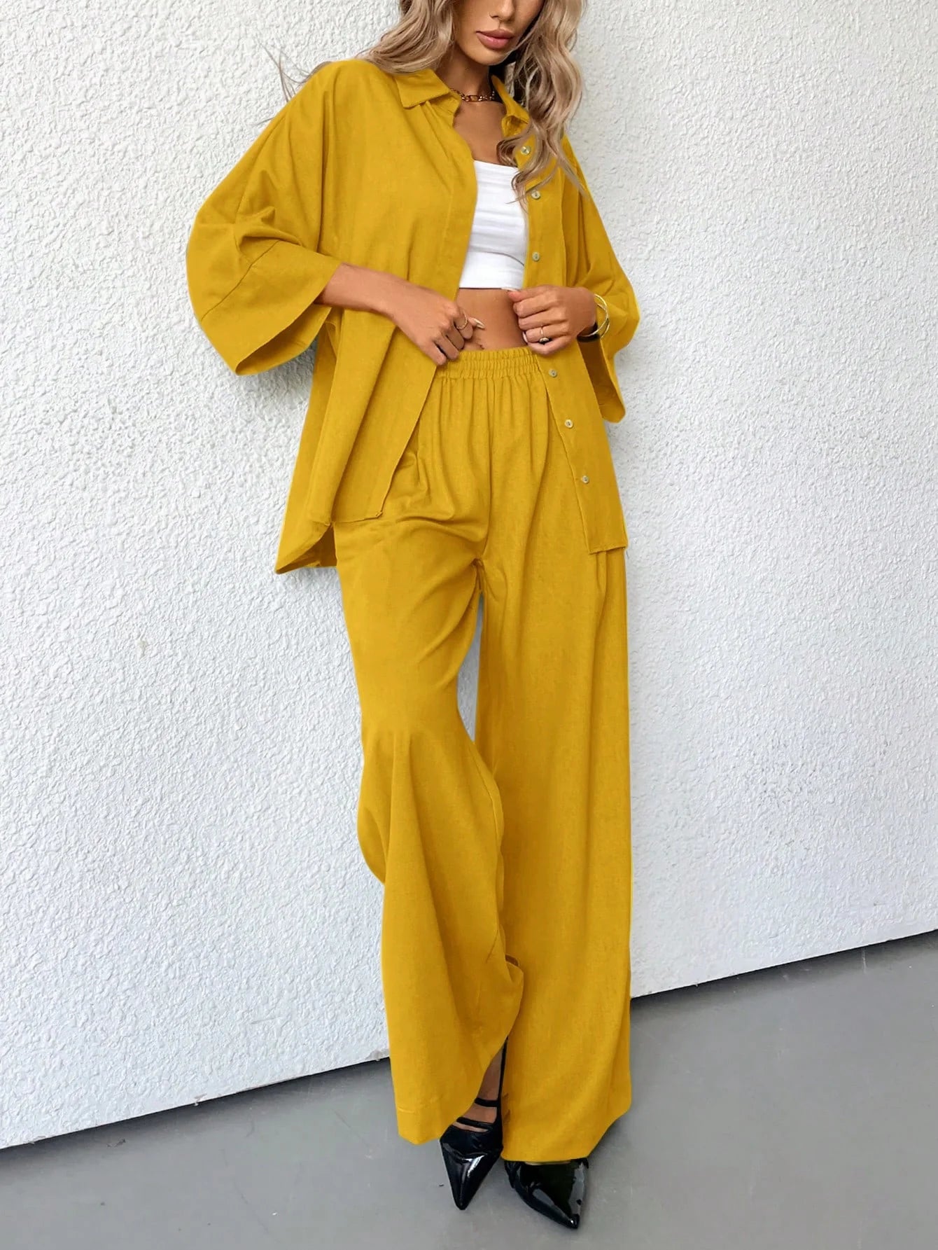 Women Blended Side Slit Loose Shirt & Wide Leg High Waist Pants Set