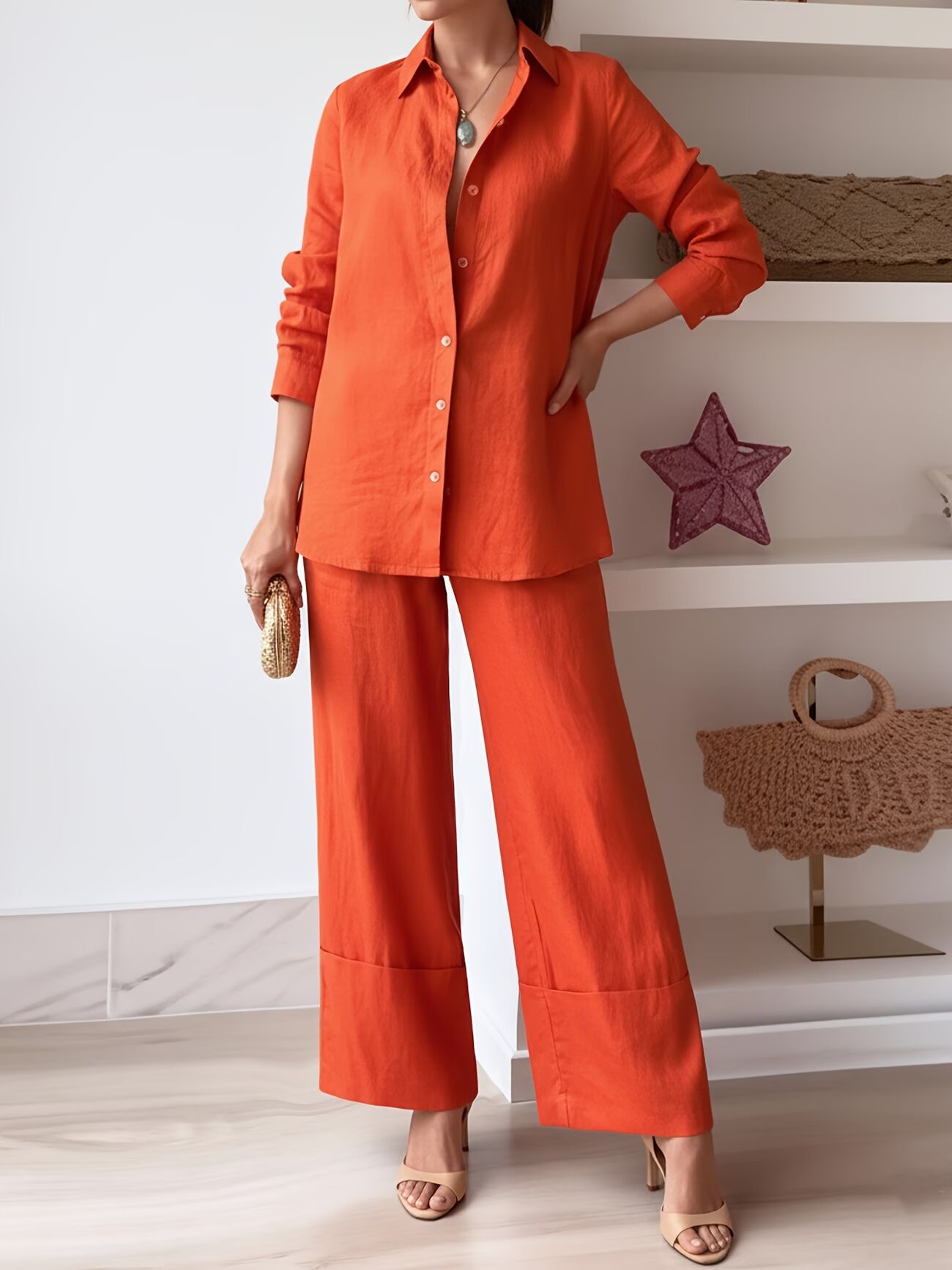 Women'S Long Pants Set, Turn- Collar, Single-Breasted, Long Sleeve, Two-Piece Set