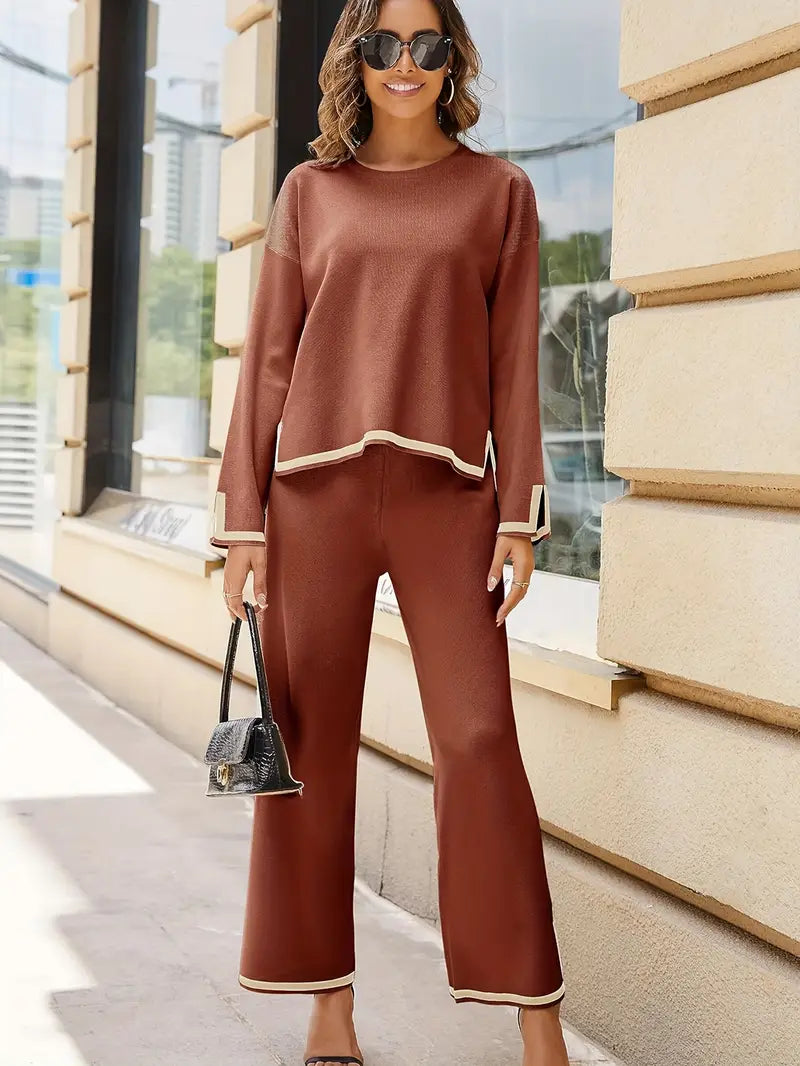 Casual Contrast Trim Fit Two-piece Pants Set