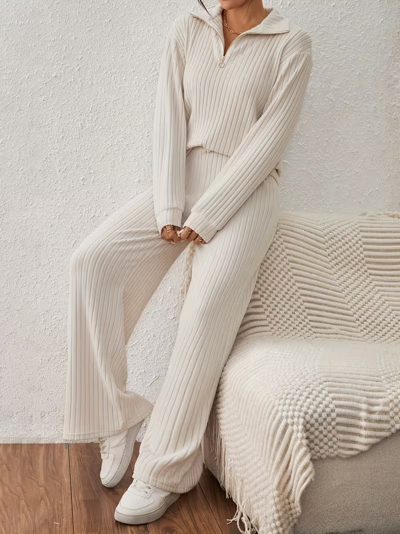 Half-Zip Casual Slit Knitted Two-Piece Set