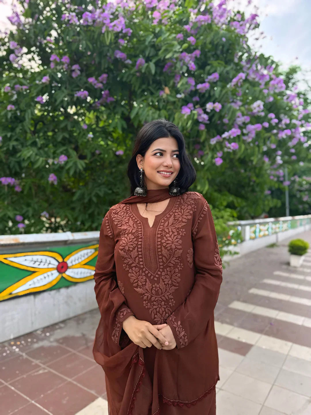 Elegant Brown Floral Embroidered Kurta Pant Set with Dupatta