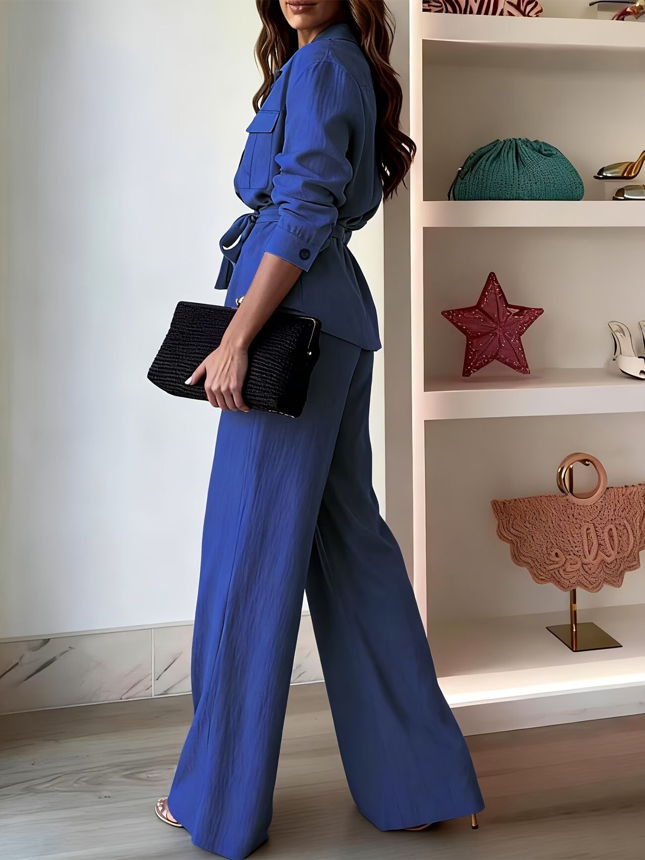 Casual Two-Piece Set Long Sleeve Shirt and Wide-Leg Pants