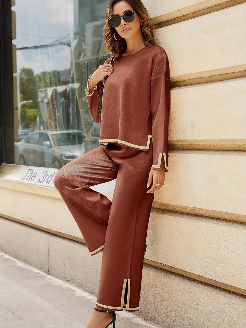 Casual Contrast Trim Fit Two-piece Pants Set