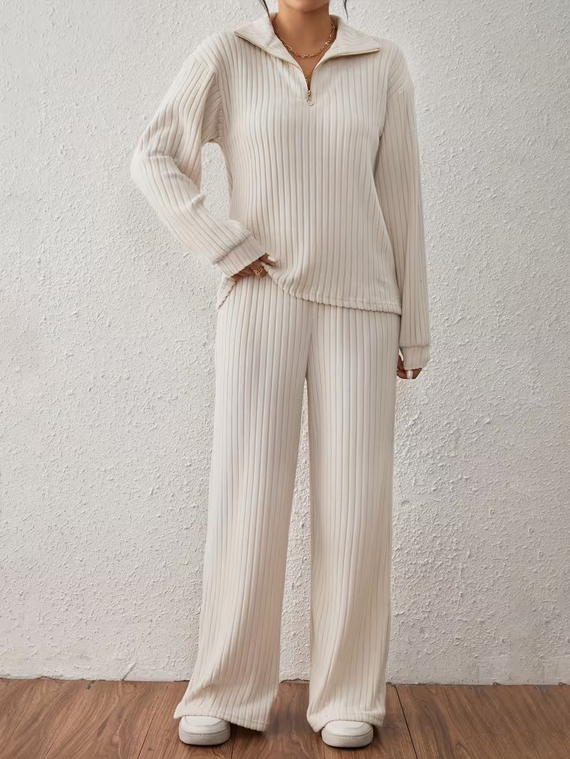 Half-Zip Casual Slit Knitted Two-Piece Set
