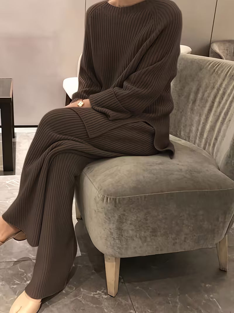 Round Neck Casual Slit Knitted Two-Piece Set