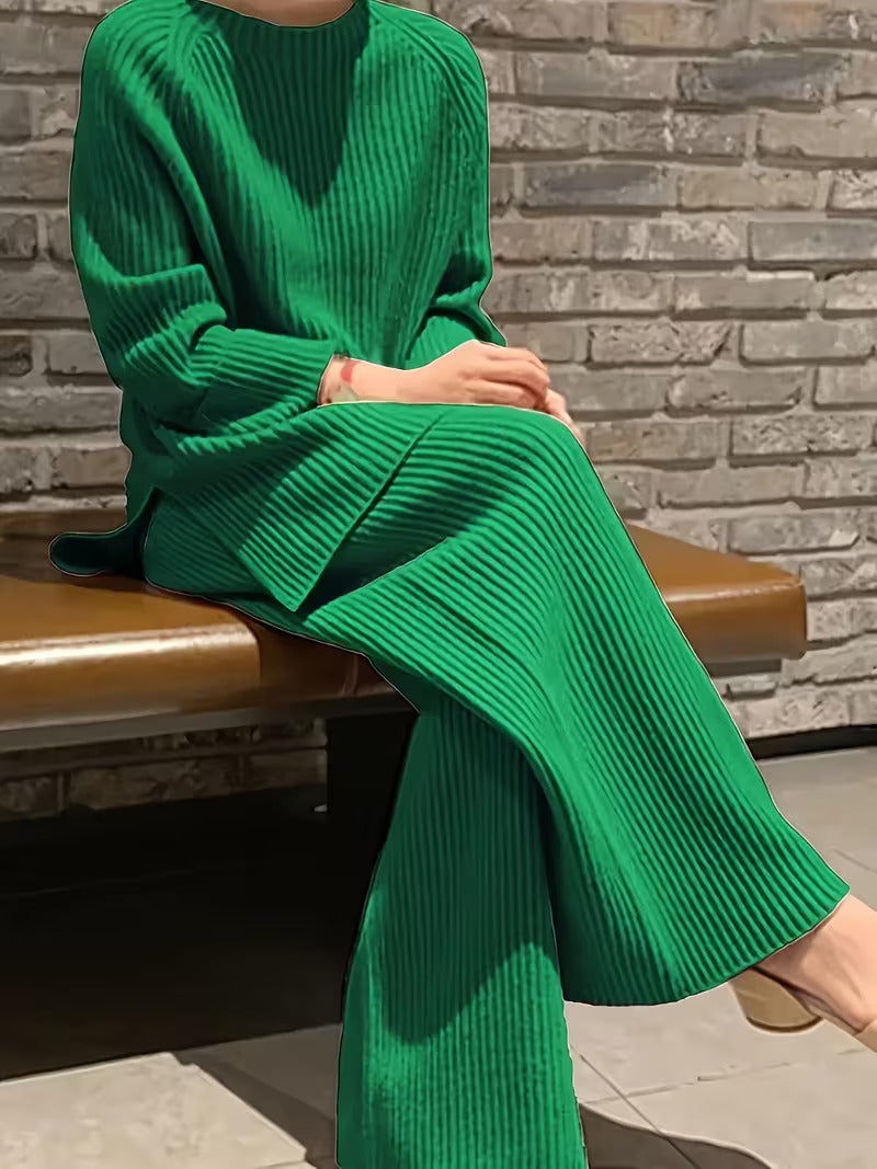 Round Neck Casual Slit Knitted Two-Piece Set