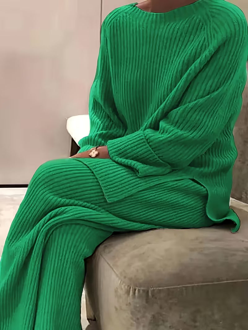 Round Neck Casual Slit Knitted Two-Piece Set