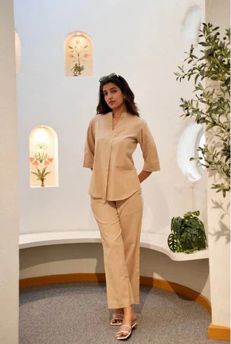 CREAM CASUAL PLAIN CO-ORD SET