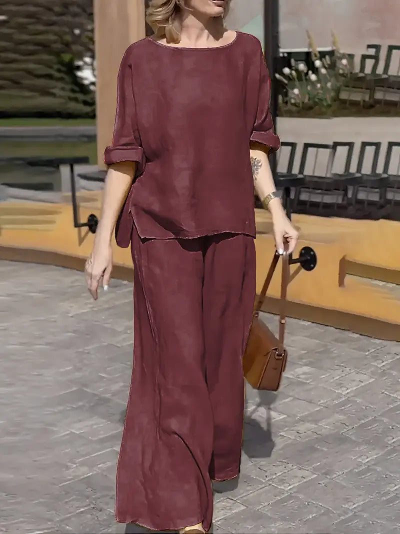 Women Round Neck Long Sleeve Side Pocket High Waist Wide Leg Trousers Set