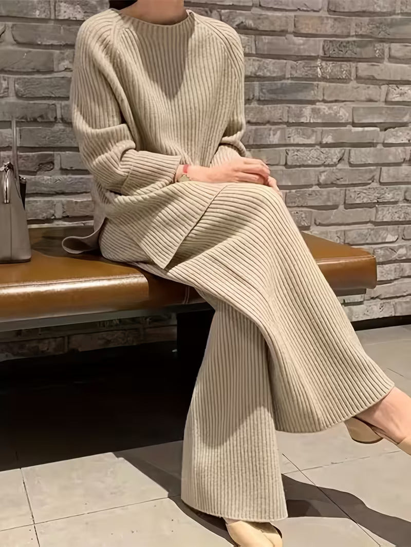 Round Neck Casual Slit Knitted Two-Piece Set