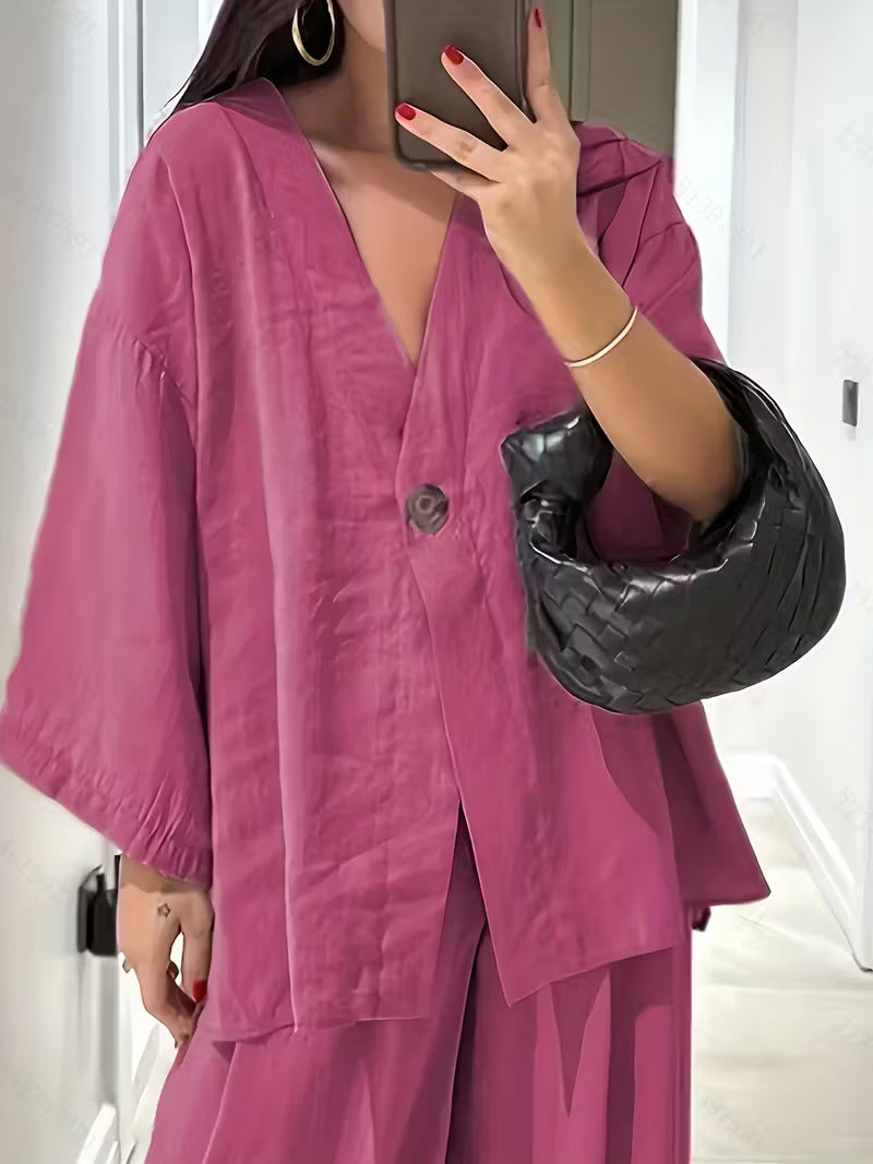 Women'S Elegant V-Neck Long Sleeve Top & High-Waist Pants Set