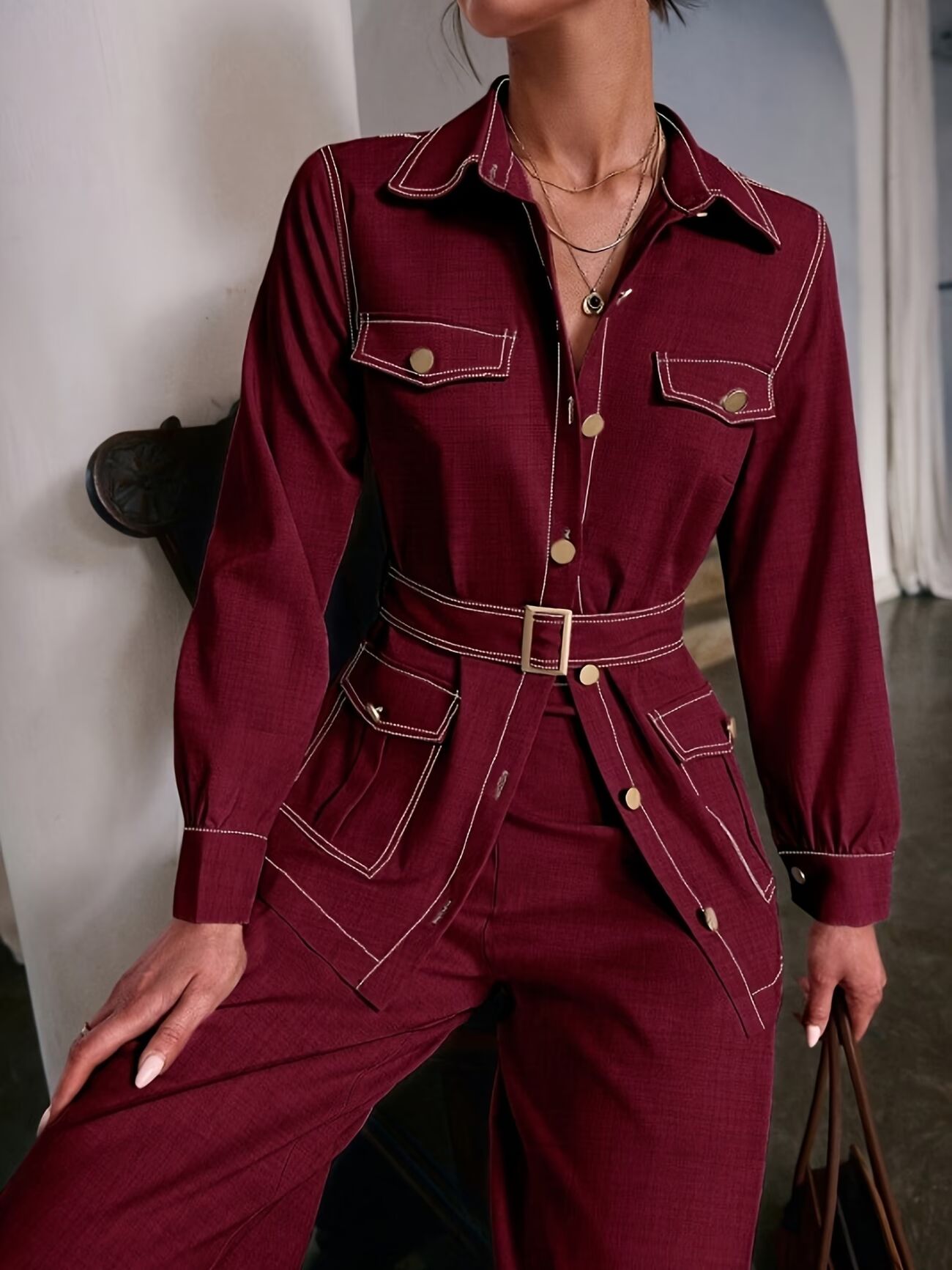 Women's Autumn New Seam Pocket Decor Long Sleeve Top And Pants