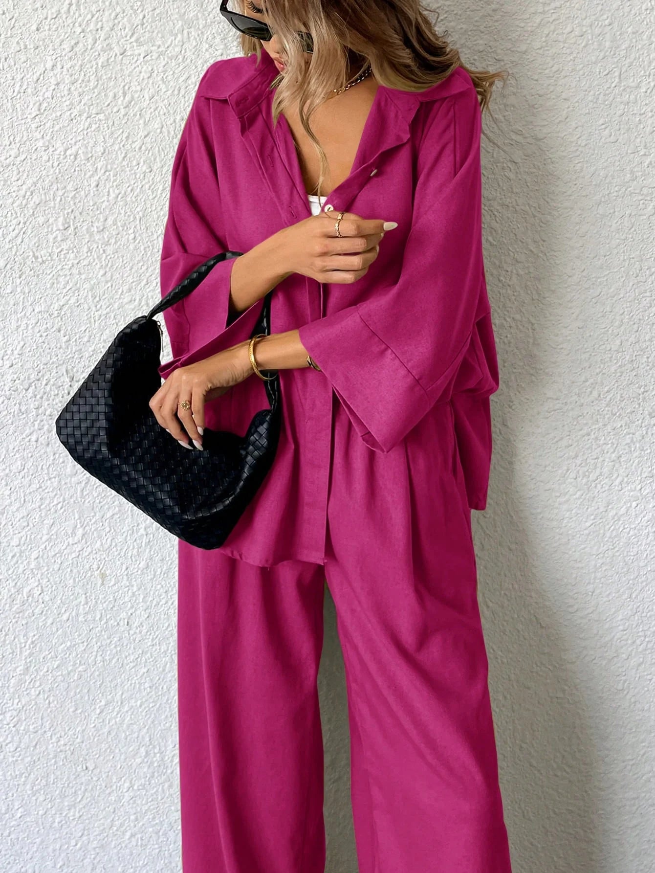 Women Blended Side Slit Loose Shirt & Wide Leg High Waist Pants Set