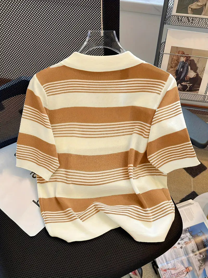 Women Polo Neck Cotton Strip Printed T-shirt