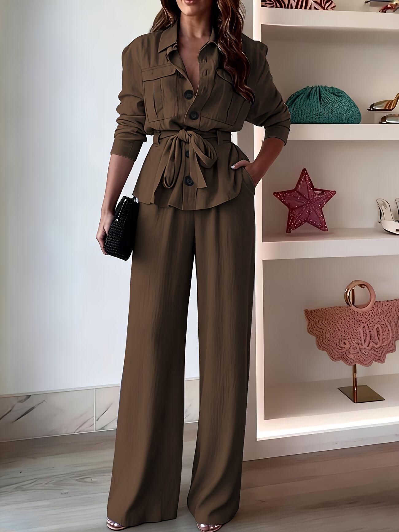 Casual Two-Piece Set Long Sleeve Shirt and Wide-Leg Pants