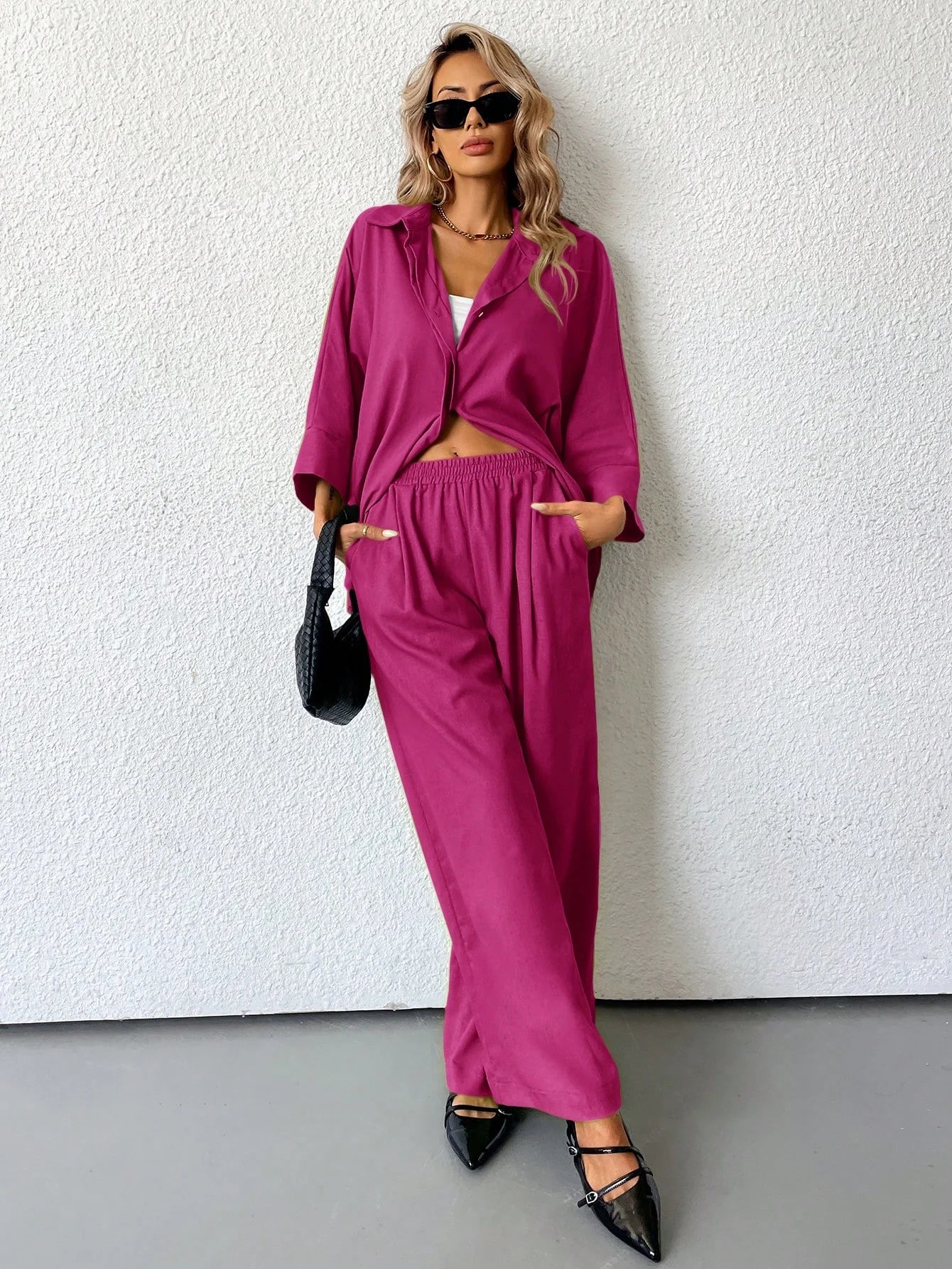 Women Blended Side Slit Loose Shirt & Wide Leg High Waist Pants Set