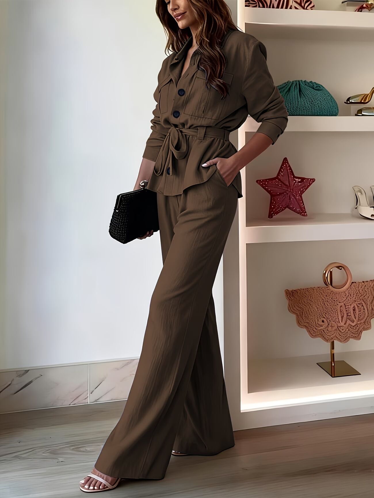 Casual Two-Piece Set Long Sleeve Shirt and Wide-Leg Pants