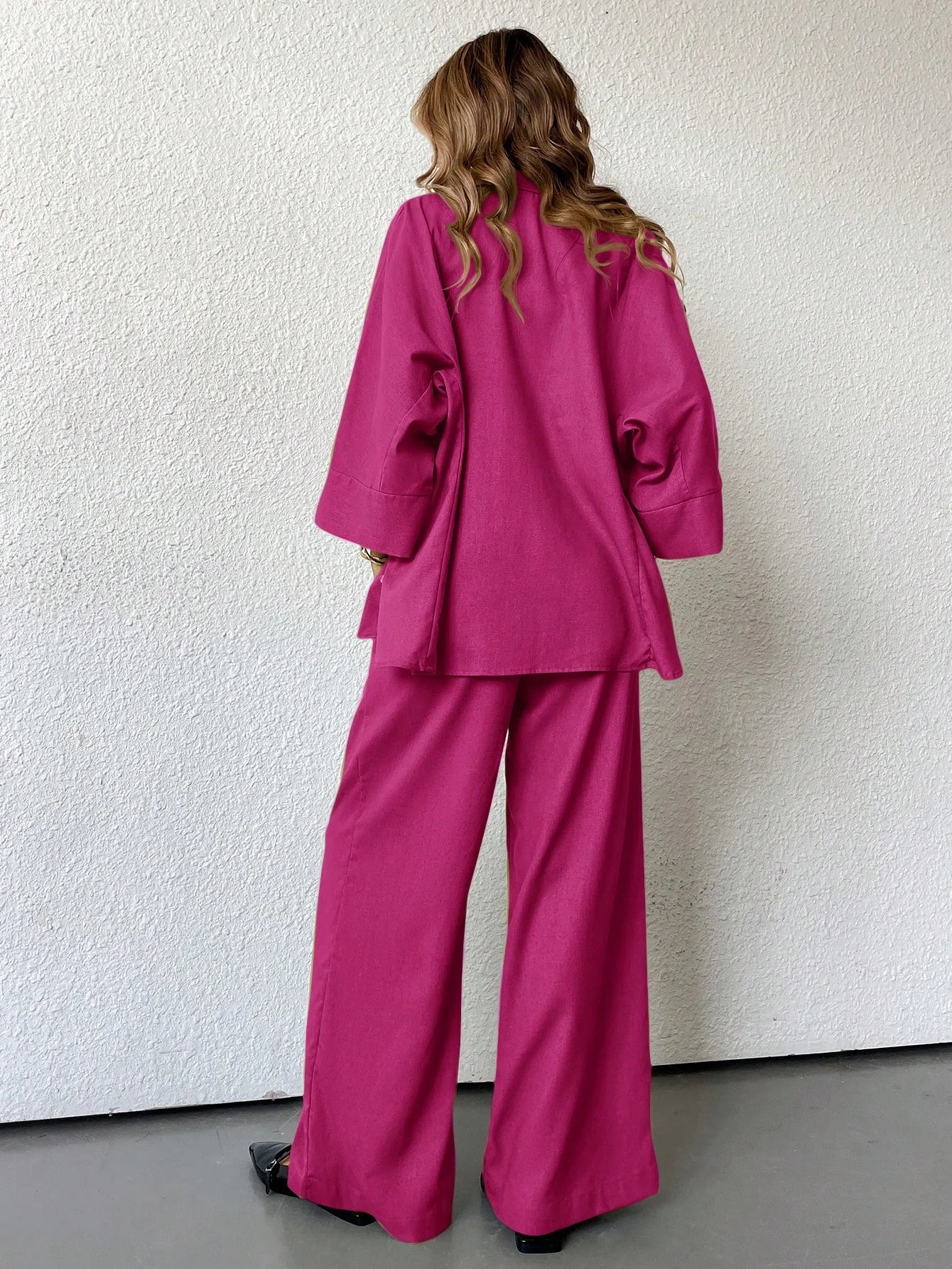 Women Blended Side Slit Loose Shirt & Wide Leg High Waist Pants Set