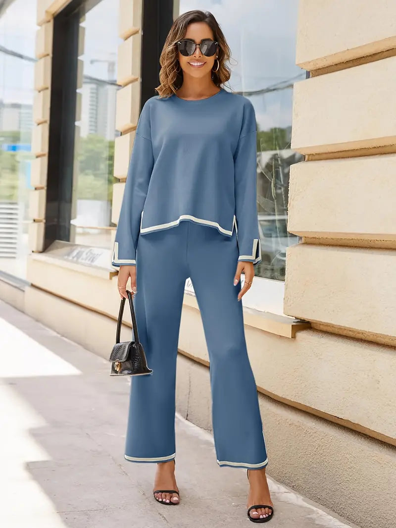 Casual Contrast Trim Fit Two-piece Pants Set