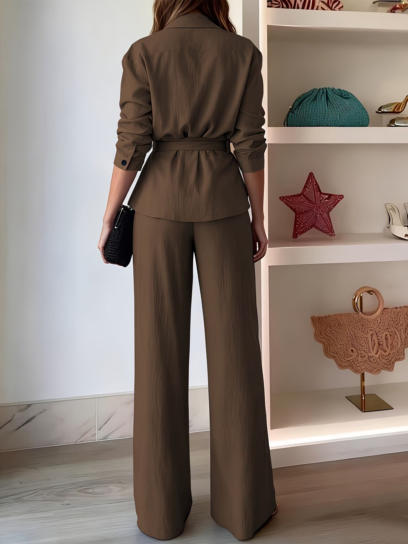 Casual Two-Piece Set Long Sleeve Shirt and Wide-Leg Pants
