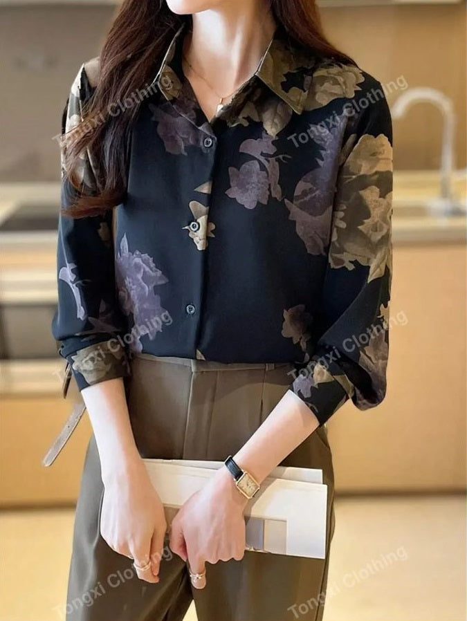 Women Floral Print Casual Long Sleeve Shirt