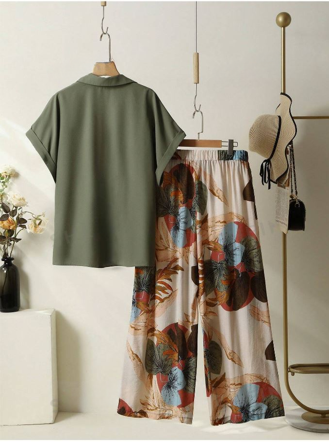 Women's Solid Color Batwing Sleeve Shirt And Floral Print Pants