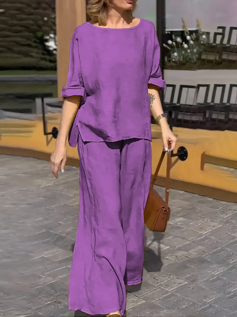 Women Round Neck Long Sleeve Side Pocket High Waist Wide Leg Trousers Set