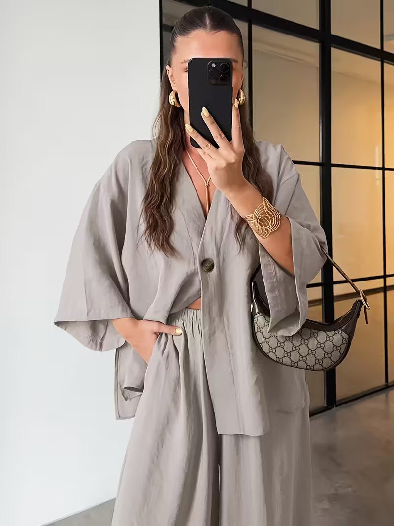 Women'S Elegant V-Neck Long Sleeve Top & High-Waist Pants Set