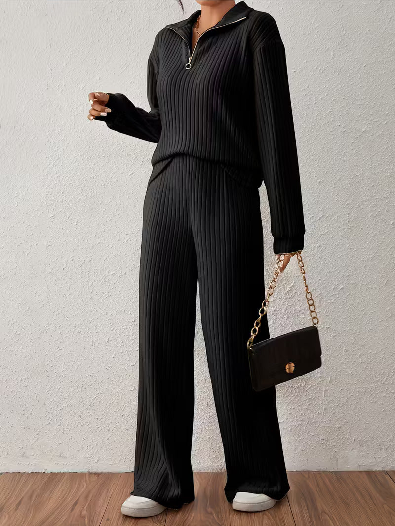 Half-Zip Casual Slit Knitted Two-Piece Set